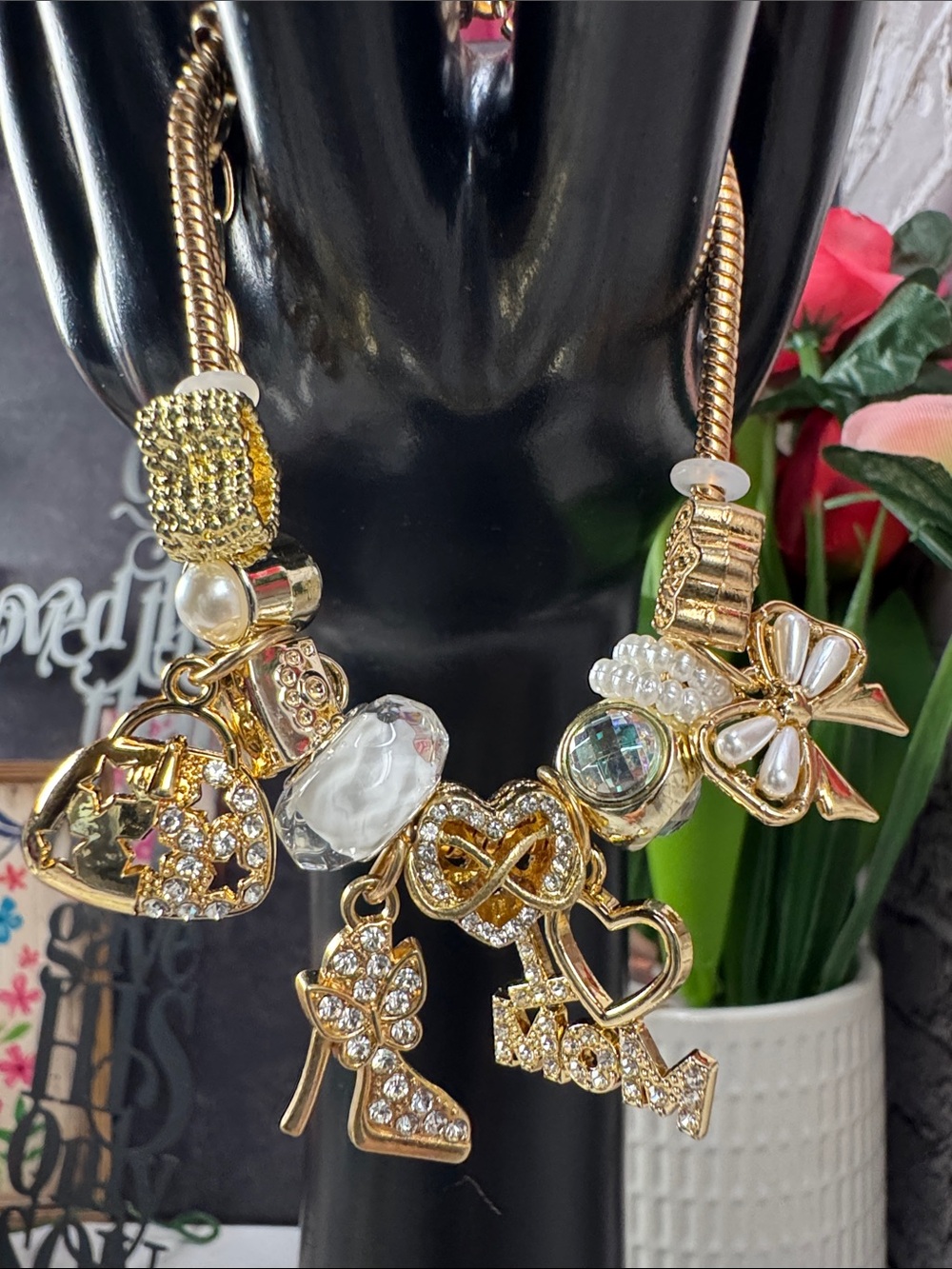 Gold-tone Charm Statement Bracelet with Pearls and Crystals